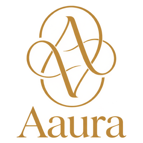 Aaura logo in rich champagne gold on a transparent background